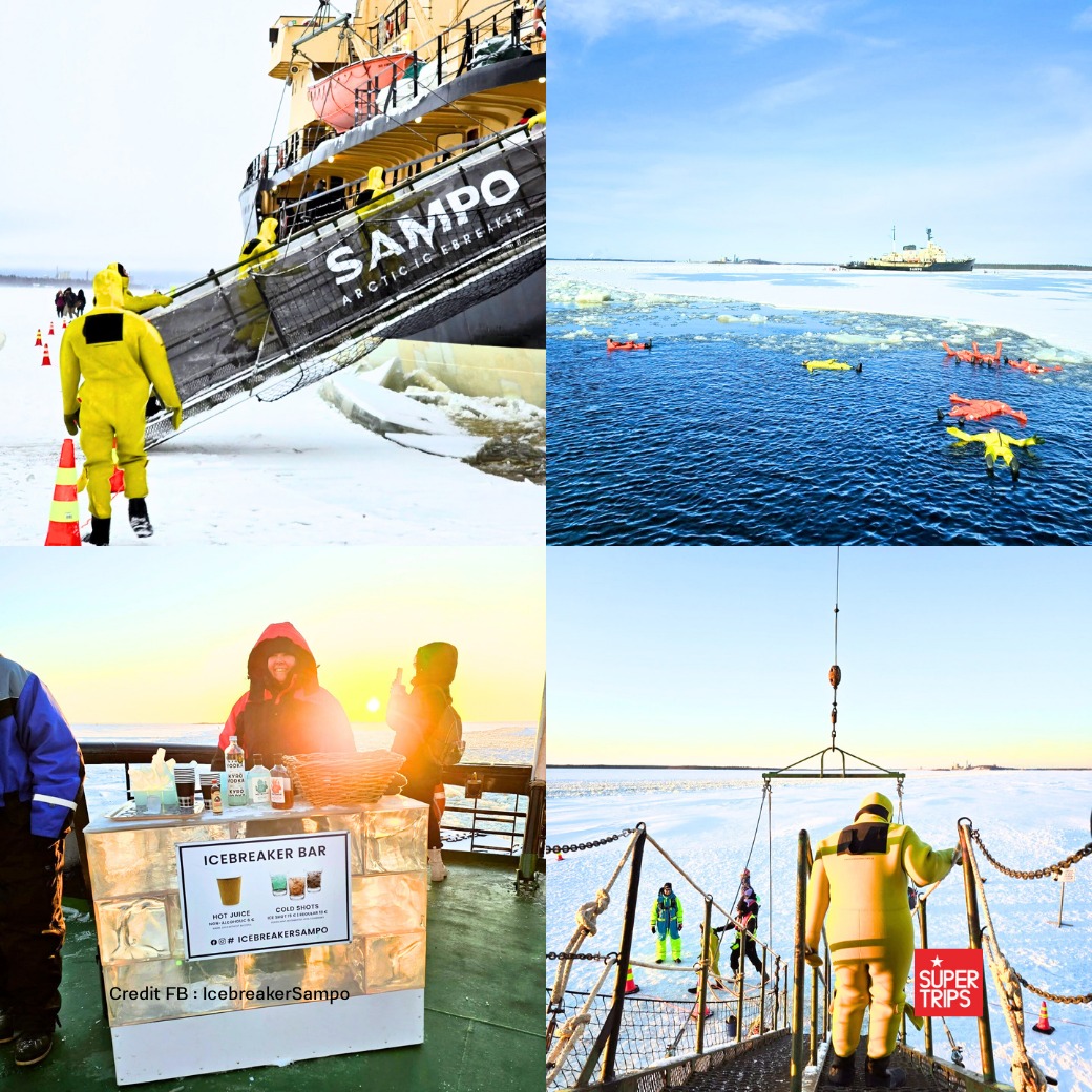 กิจกรรม Ice Floating โดยสวมชุดกันหนาวพิเศษ ออกแบบมาเพื่อความปลอดภัย สามารถลอยตัวกลางทะเลน้ำแข็งได้อย่างมั่นใจ