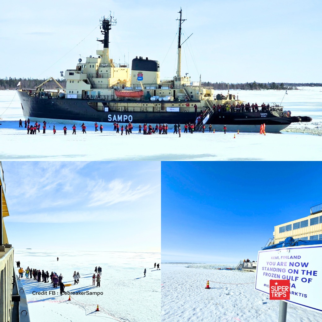 นักท่องเที่ยวลงไปเดินและถ่ายภาพบนผืนน้ำแข็งกลางทะเลบอลติก หนึ่งในไฮไลท์ของการล่องเรือตัดน้ำแข็ง Sampo Icebreaker