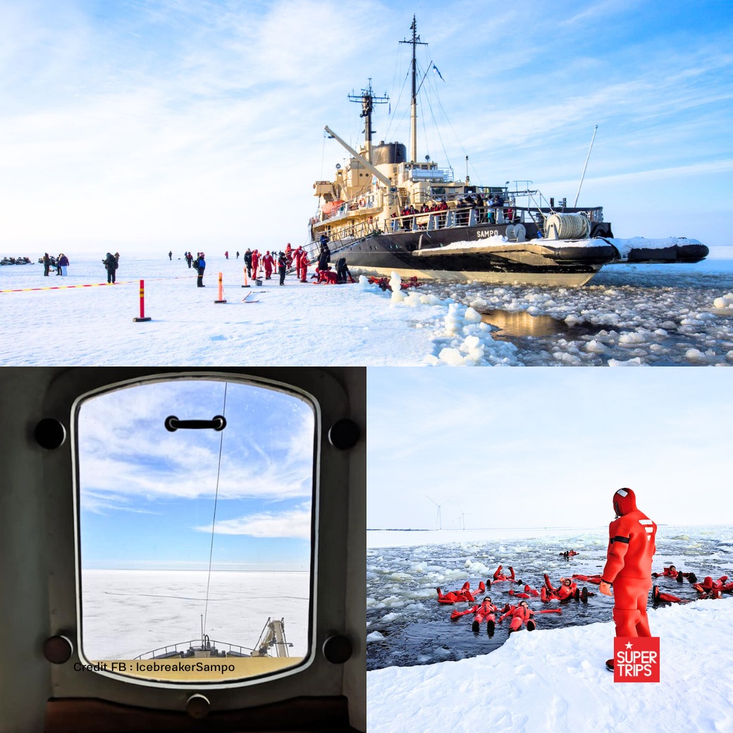 กิจกรรม Ice Floating โดยสวมชุดกันหนาวพิเศษ ออกแบบมาเพื่อความปลอดภัย สามารถลอยตัวกลางทะเลน้ำแข็งได้อย่างมั่นใจ