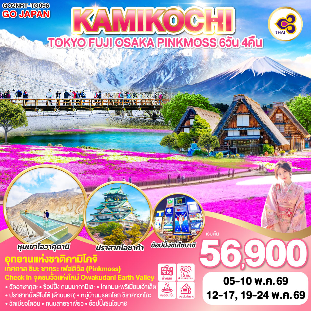 ทัวร์ญี่ปุ่น TOKYO FUJI OSAKA KAMIKOCHI PINKMOSS 6วัน 4คืน (TG)