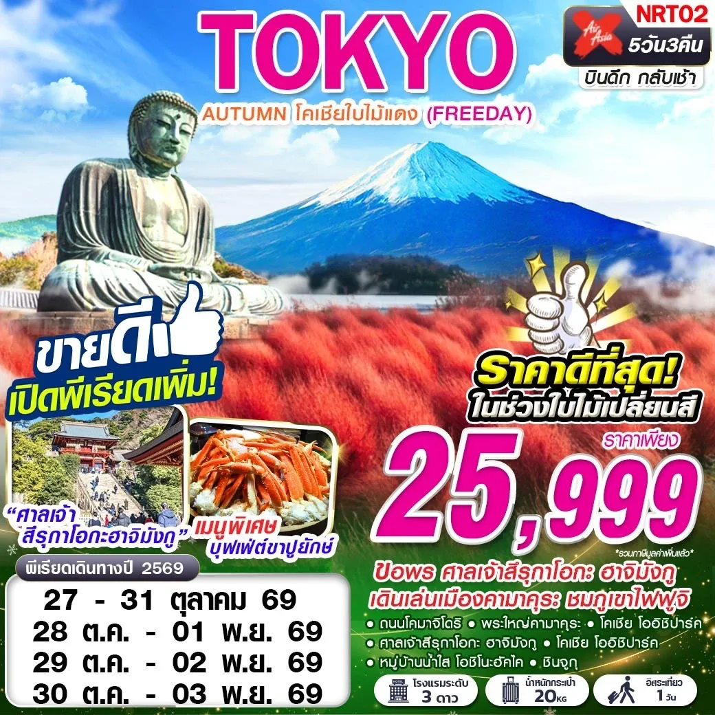 ทัวร์ญี่ปุ่น  TOKYO AUTUMN โคเชียใบไม้แดง (ฟรีเดย์)  5วัน 3คืน (XJ)